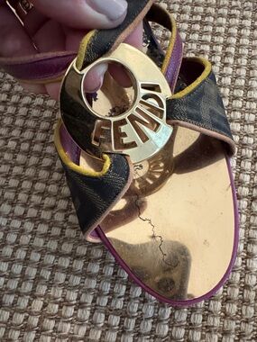 Authentic Fendi Black Logo Sandals with Purple and Gold Trim